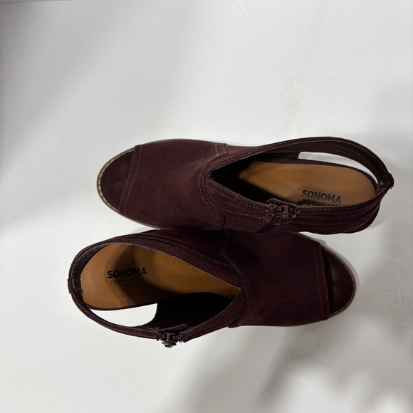 Sonoma Thelma Burgundy Faux Suede Open Toe Bootie 3" Heel Shoes Size 9 - Picture 4 of 6